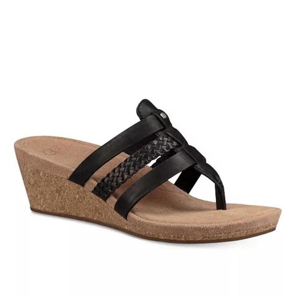 Ugg sandals 10 black leather wedge slip on minimalist office summer workwear - Picture 1 of 7